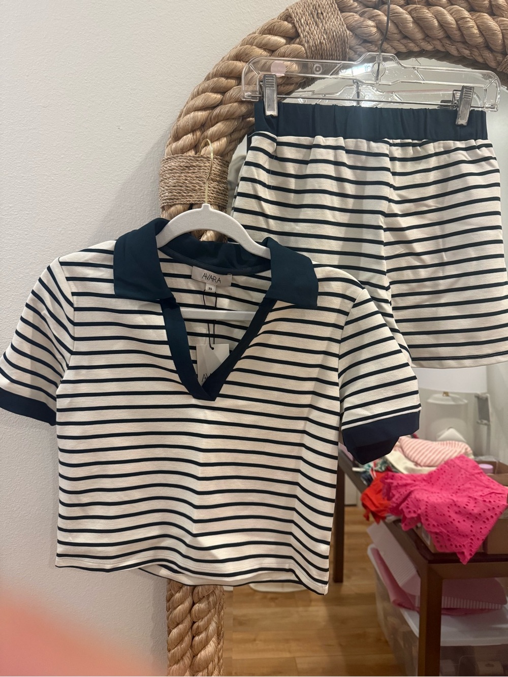 AVARA Dark Green Striped Women's Polo Top and Shorts Set